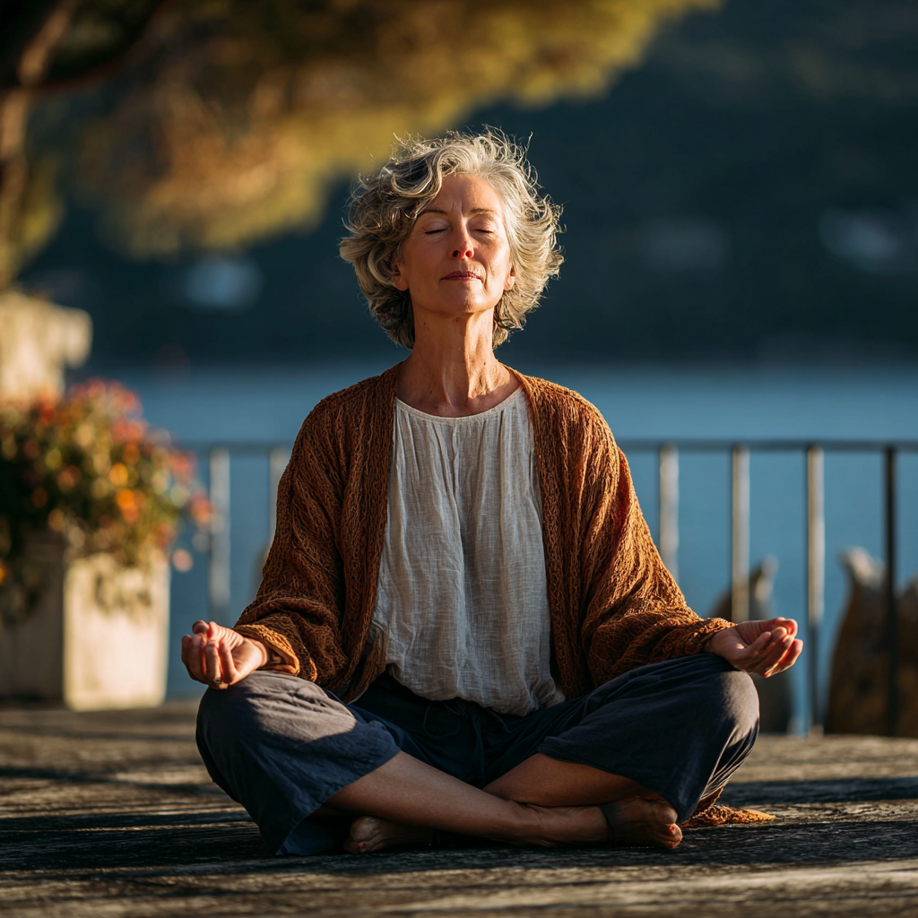 Mature adult in meditation pose in serene setting
