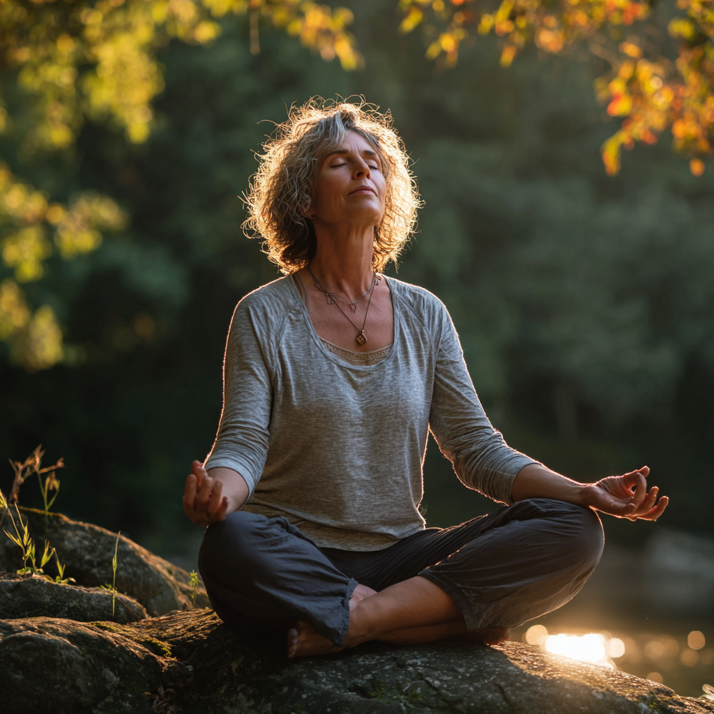 Middle-aged woman practicing yoga in peaceful environment